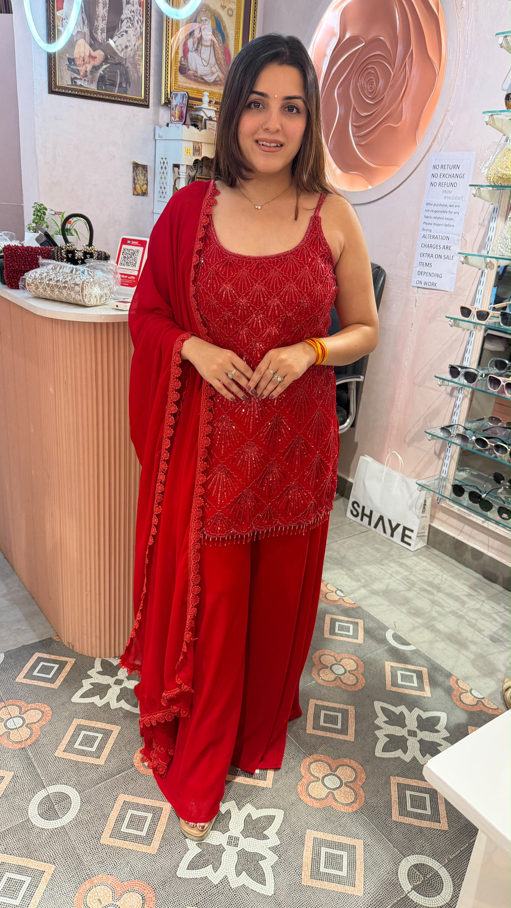Red Embroidered Kurta Palazzo Set with Matching Dupatta