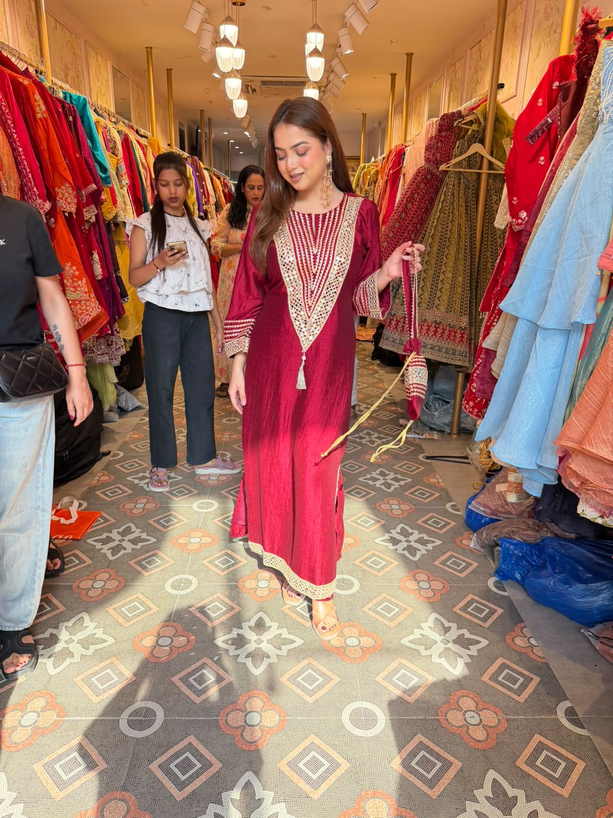 Embellished Straight Kurta Set with Tassel