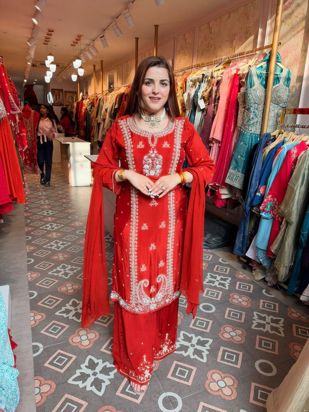 Elegant Red Embroidered Straight-Cut Punjabi Suit with Patiala Salwar