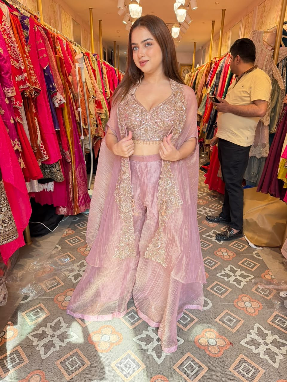 Elegant Embroidered Palazzo with CapeAPE Sharer Set