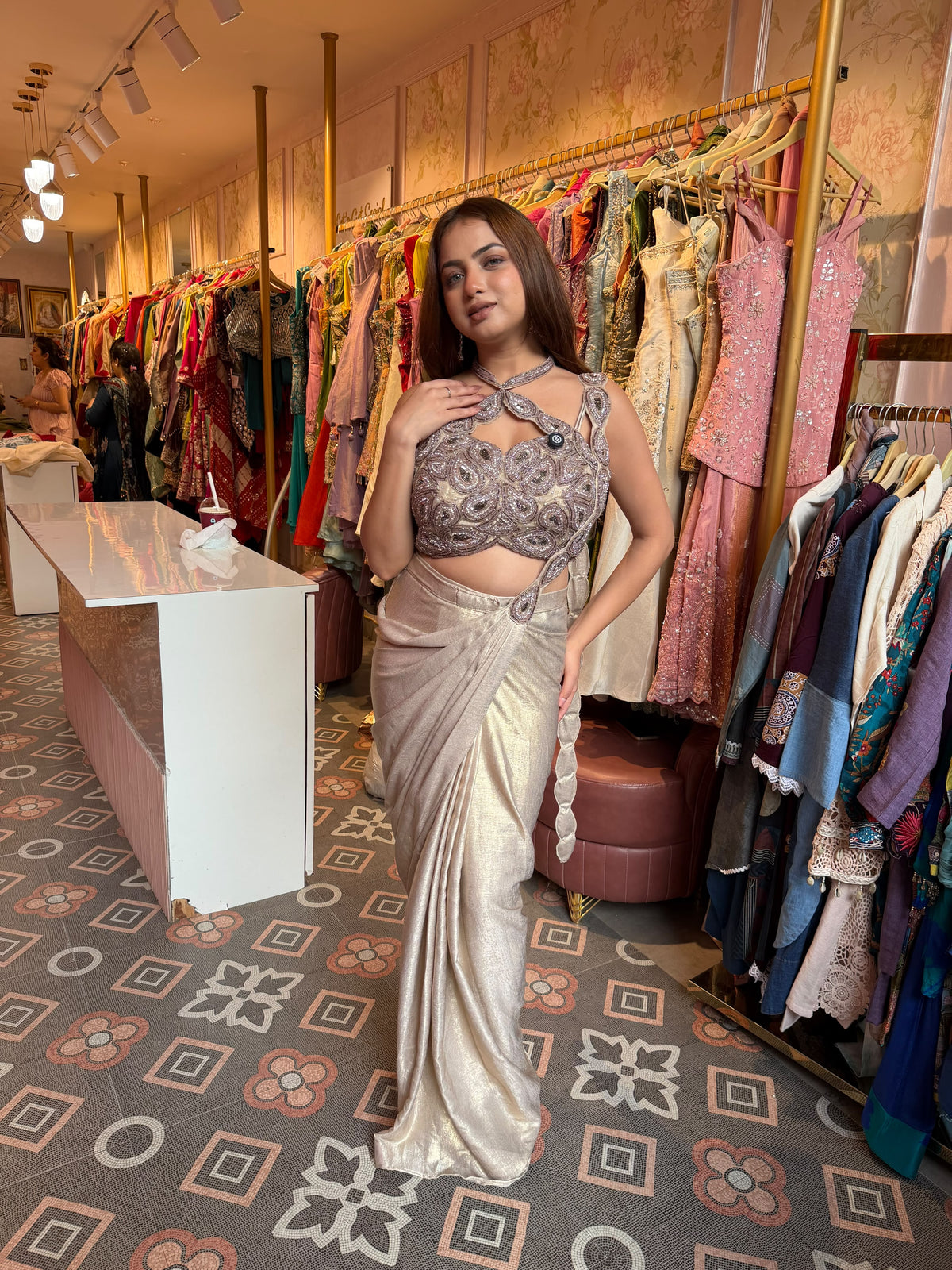 Silver Champagne Draped Saree with Embellished Halter-Neck Blouse