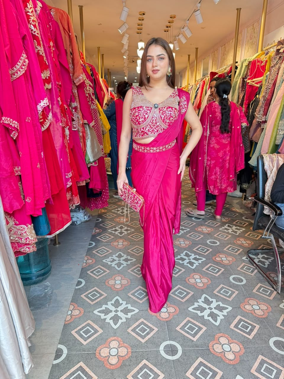 Hot Pink Embroidered Saree with Designer Corset Blouse