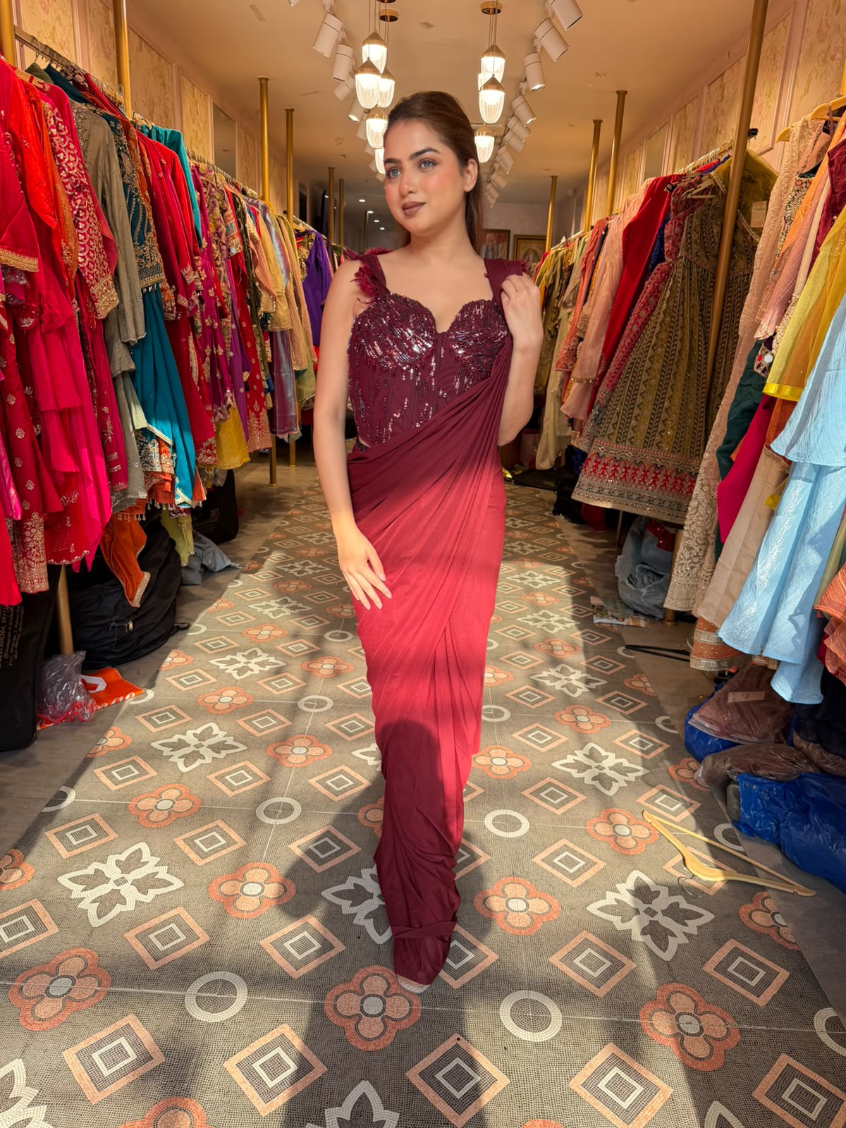 Glamorous Wine Draped Saree Gown with Embellished Corset Blouse