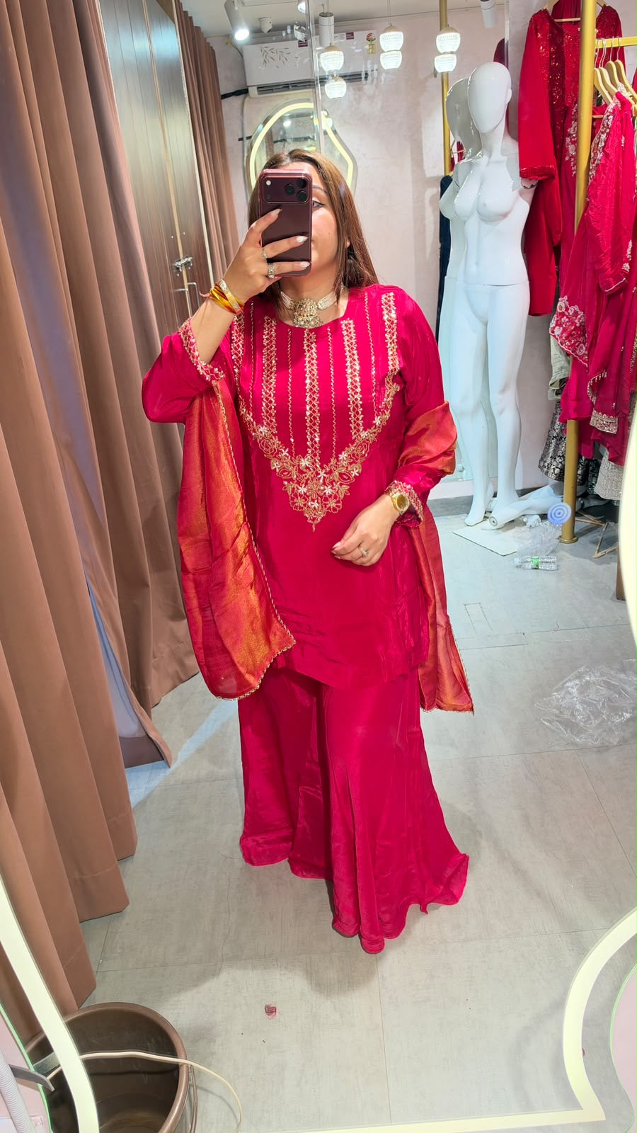 Wine Maroon Embroidered Punjabi Suit with Silk Dupatta