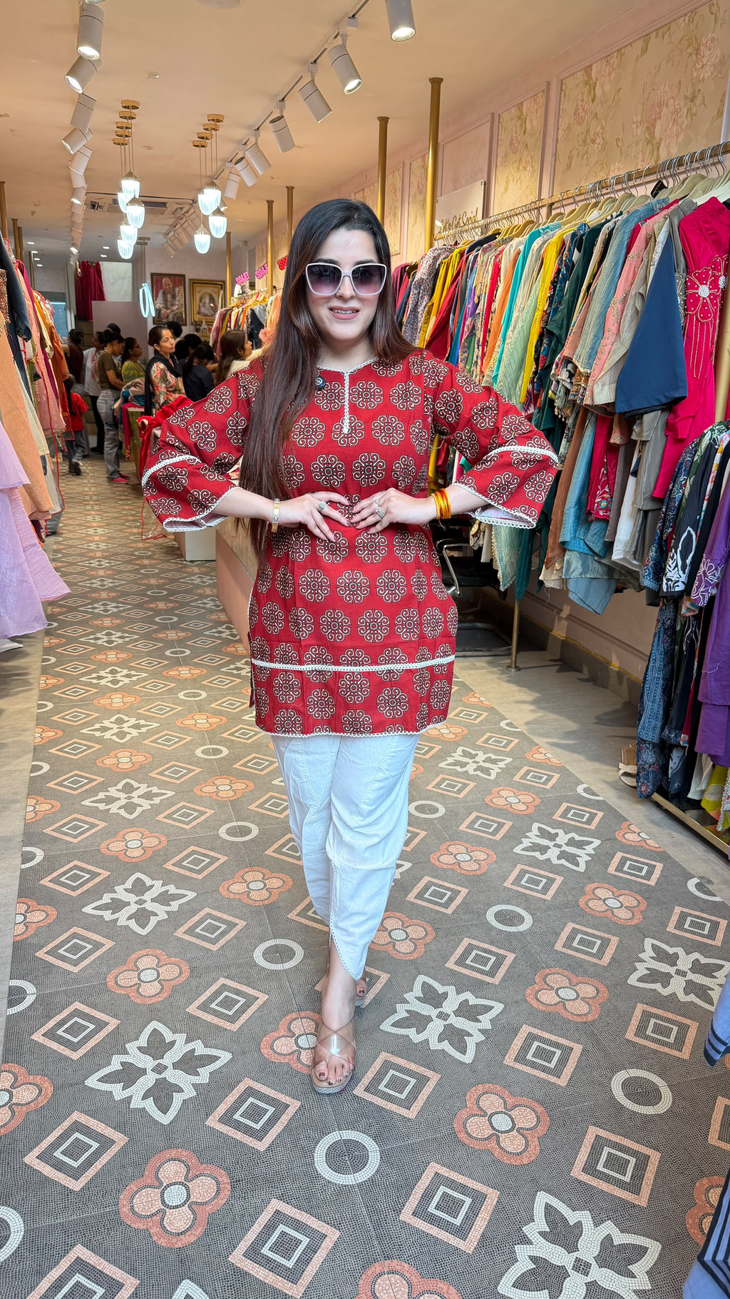 Maroon Printed Straight Kurta with White Pants