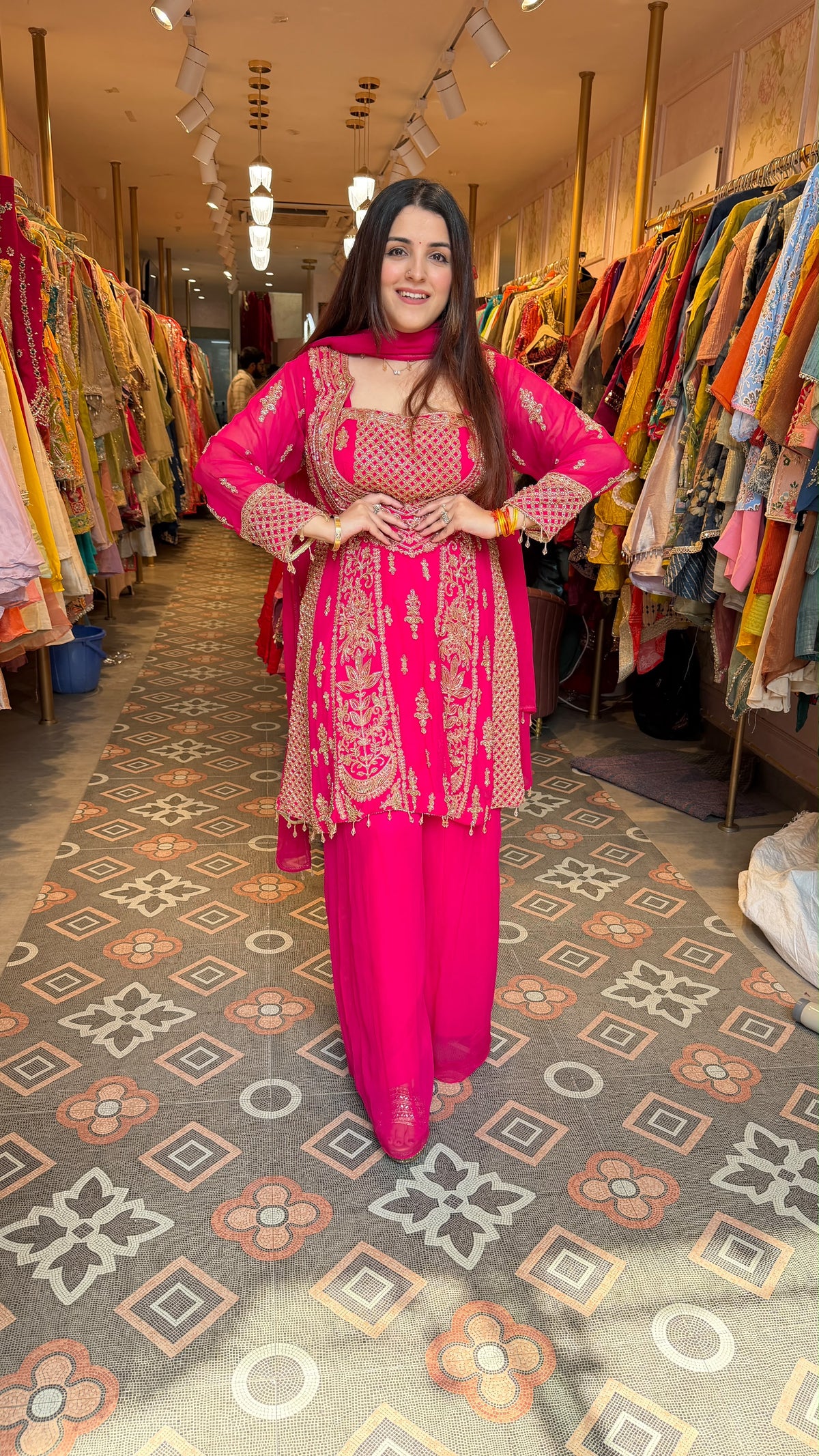 Red Embroidered Angrakha Short Style Kurta Sharara Set