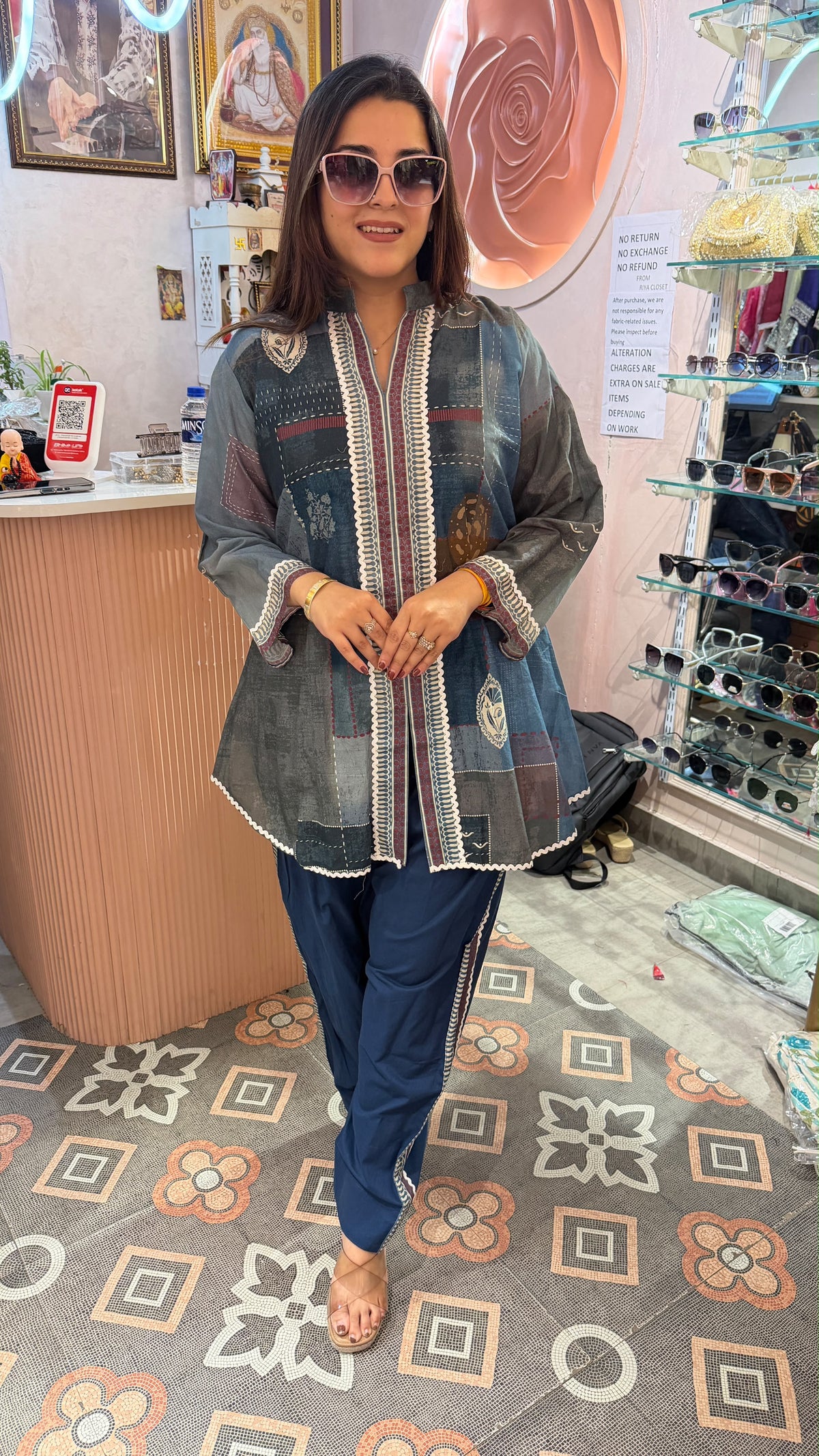 Charcoal Grey Printed Short Kurta with Navy Pants Set