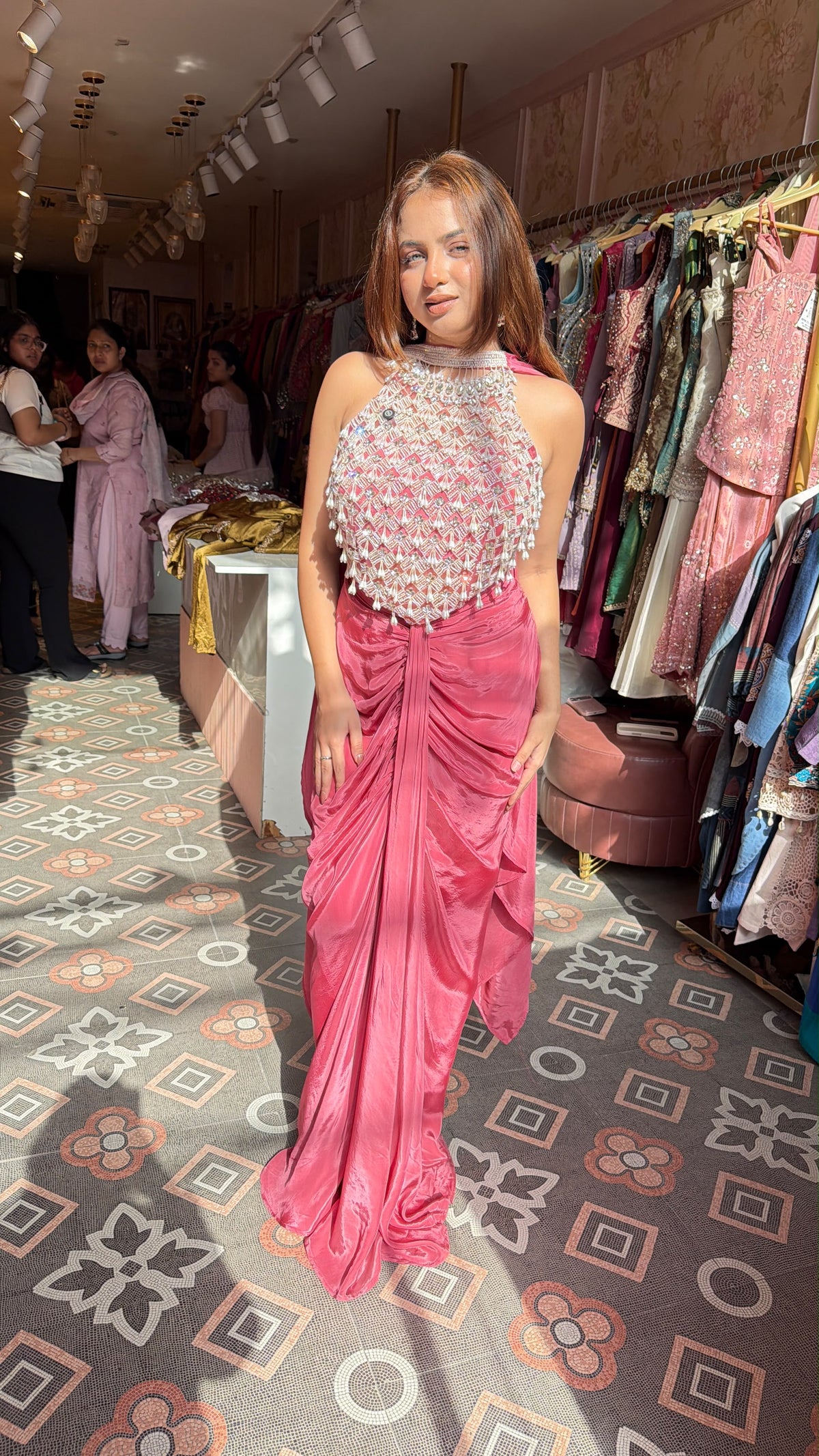 Draped Dhoti-Style Saree Set with Embellished Halter Top