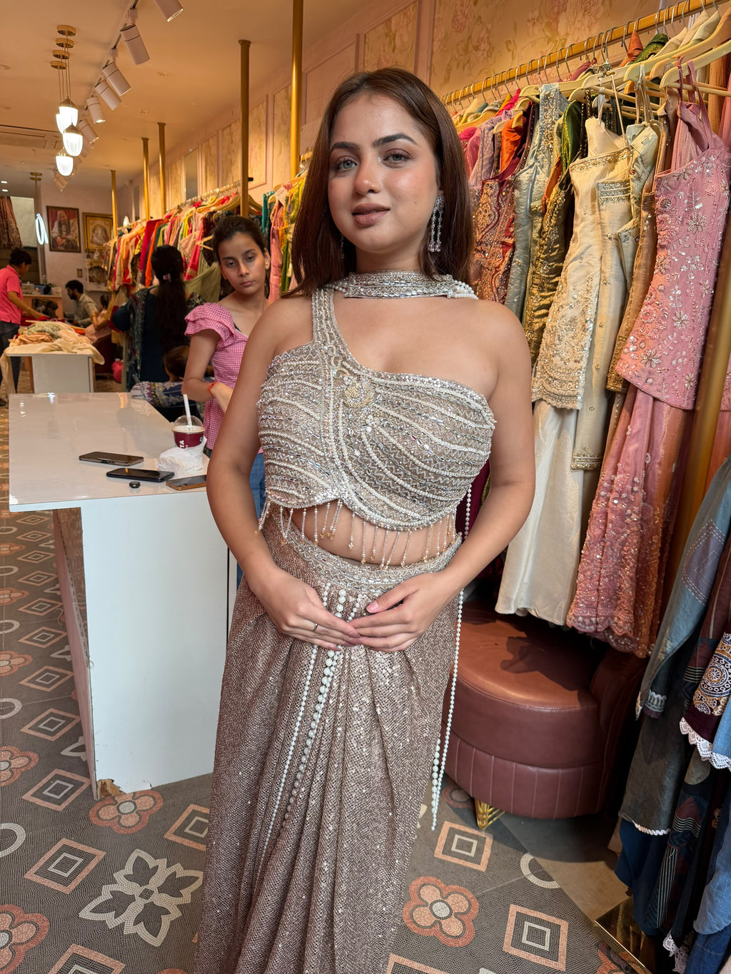 Champagne Rose Sequined Pre-Draped Saree with Corset Blouse