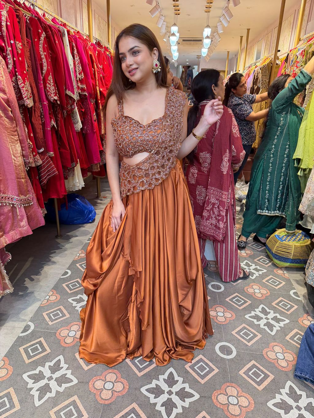 Copper Bronze Draped Lehenga with Embellished Asymmetric Blouse