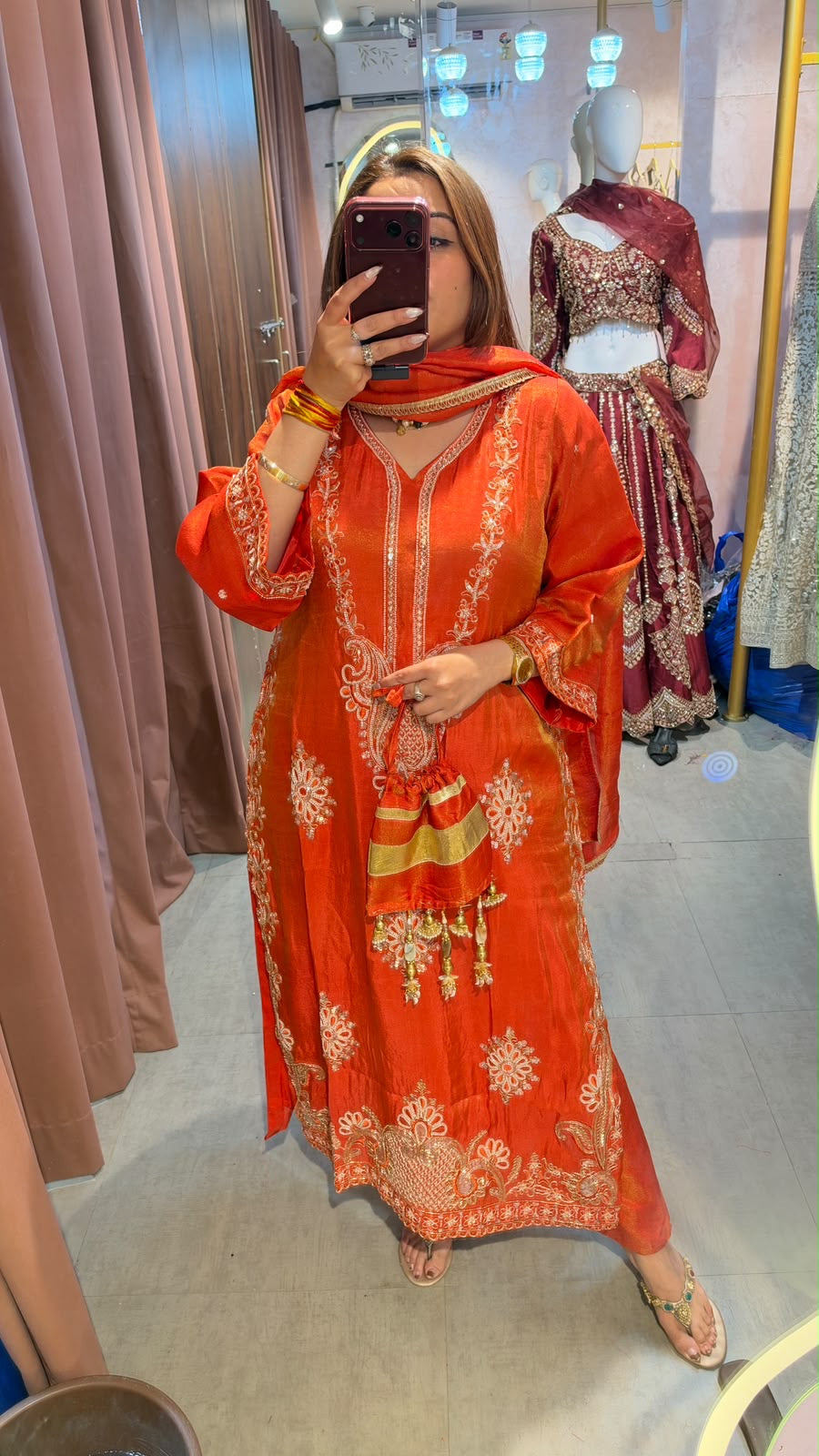 Traditional Orange Embroidered Straight-Cut Suit with Matching Dupatta