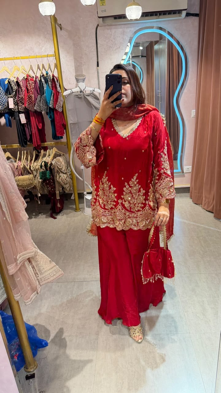 Red Embroidered Straight Kurta with Palazzo Pants & Dupatta Set