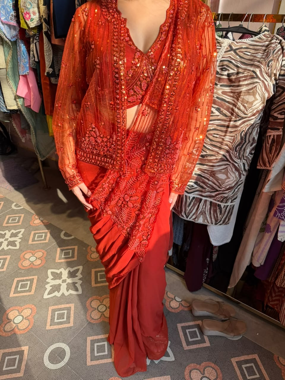 Coral Draped Saree with Embroidered Blouse & Jacket