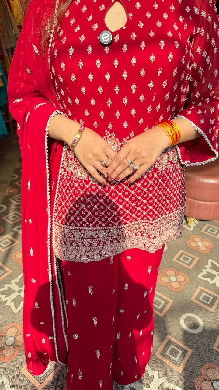 Red Chikankari-Style Embroidered Kurta with Palazzo Pants & Dupatta Set
