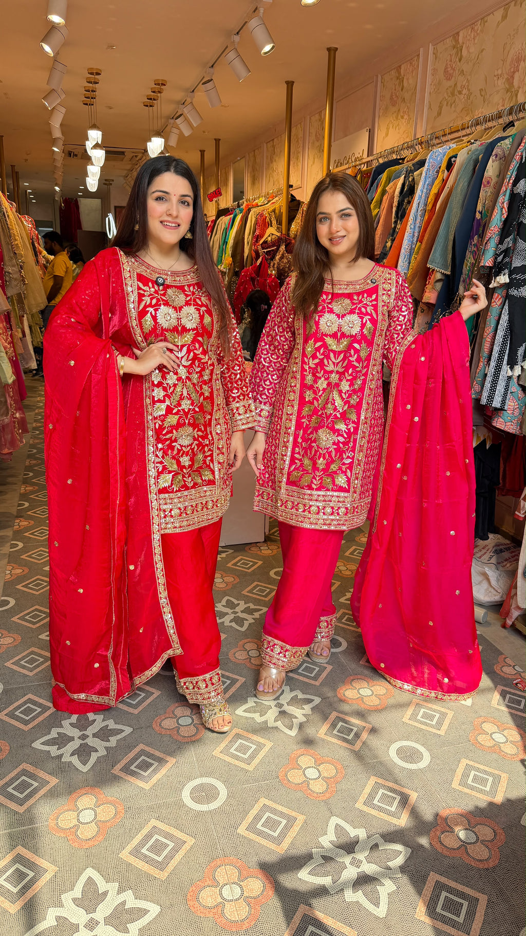 Fuchsia Embroidered Straight Kurta with Palazzo Pants & Dupatta