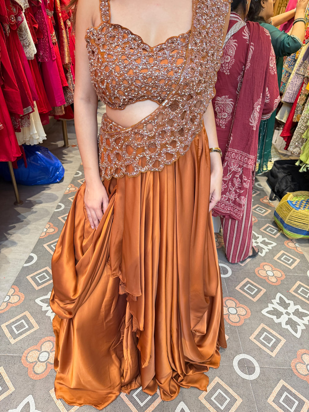 Copper Bronze Draped Lehenga with Embellished Asymmetric Blouse