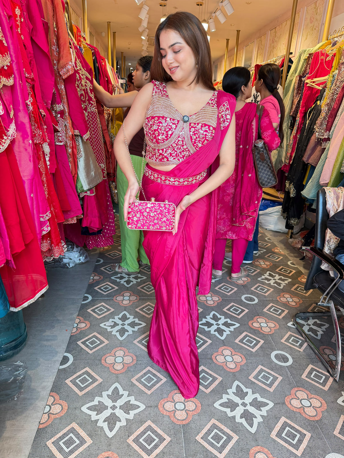 Hot Pink Embroidered Saree with Designer Corset Blouse