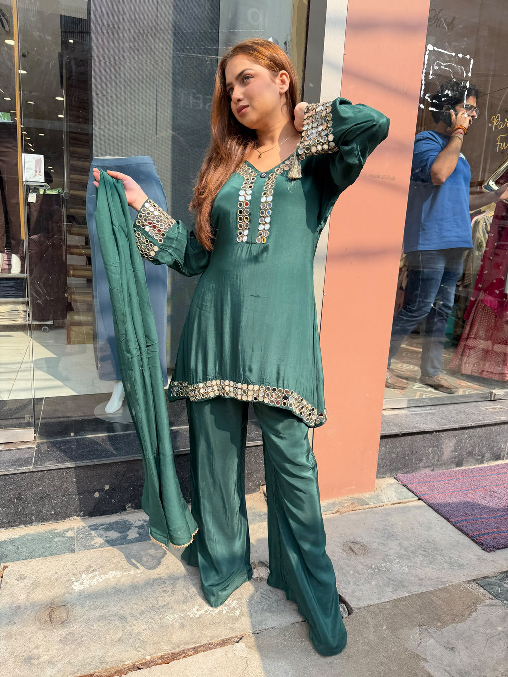 Emerald Green Mirror Work Palazzo Suit Set