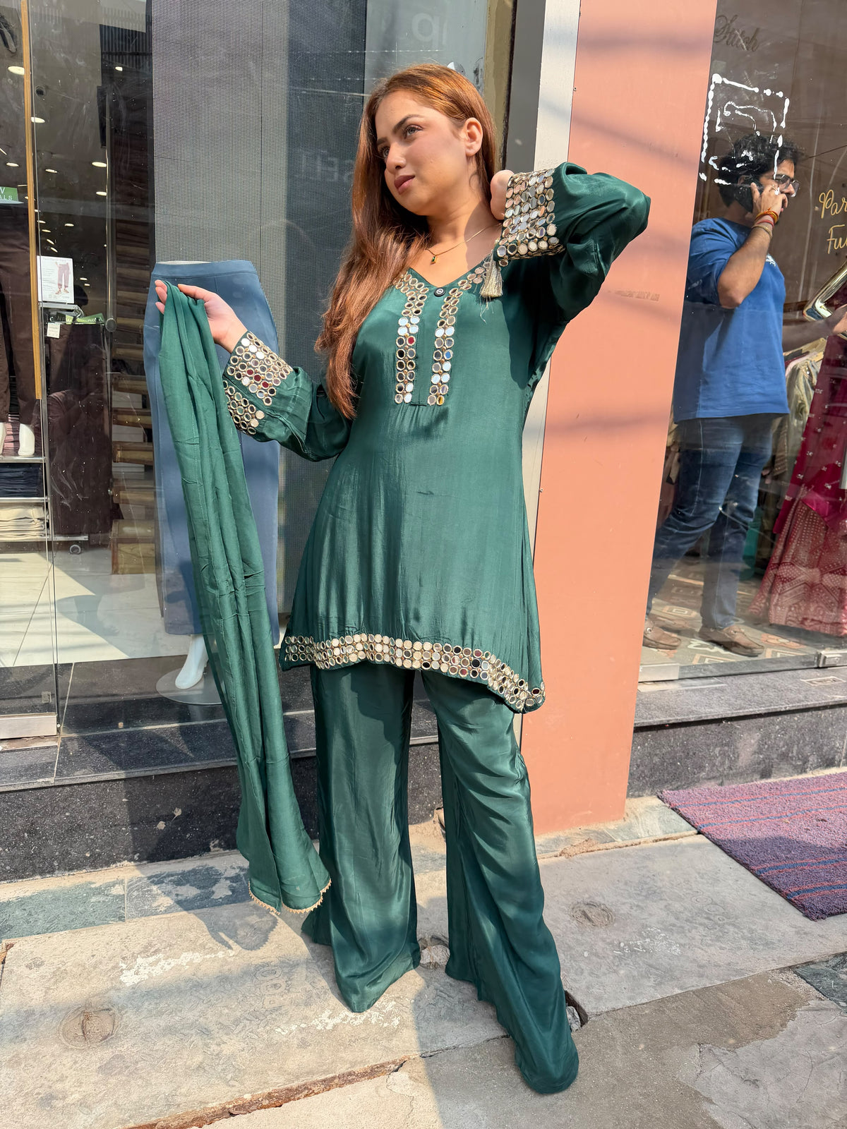 Emerald Green Mirror Work Palazzo Suit Set