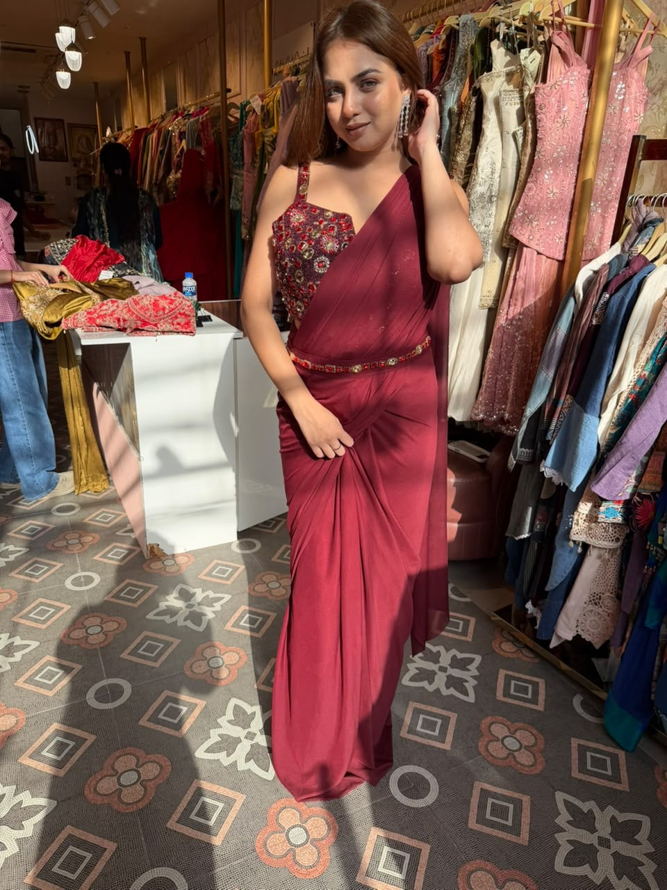 Draped Saree with Embellished Bustier Blouse