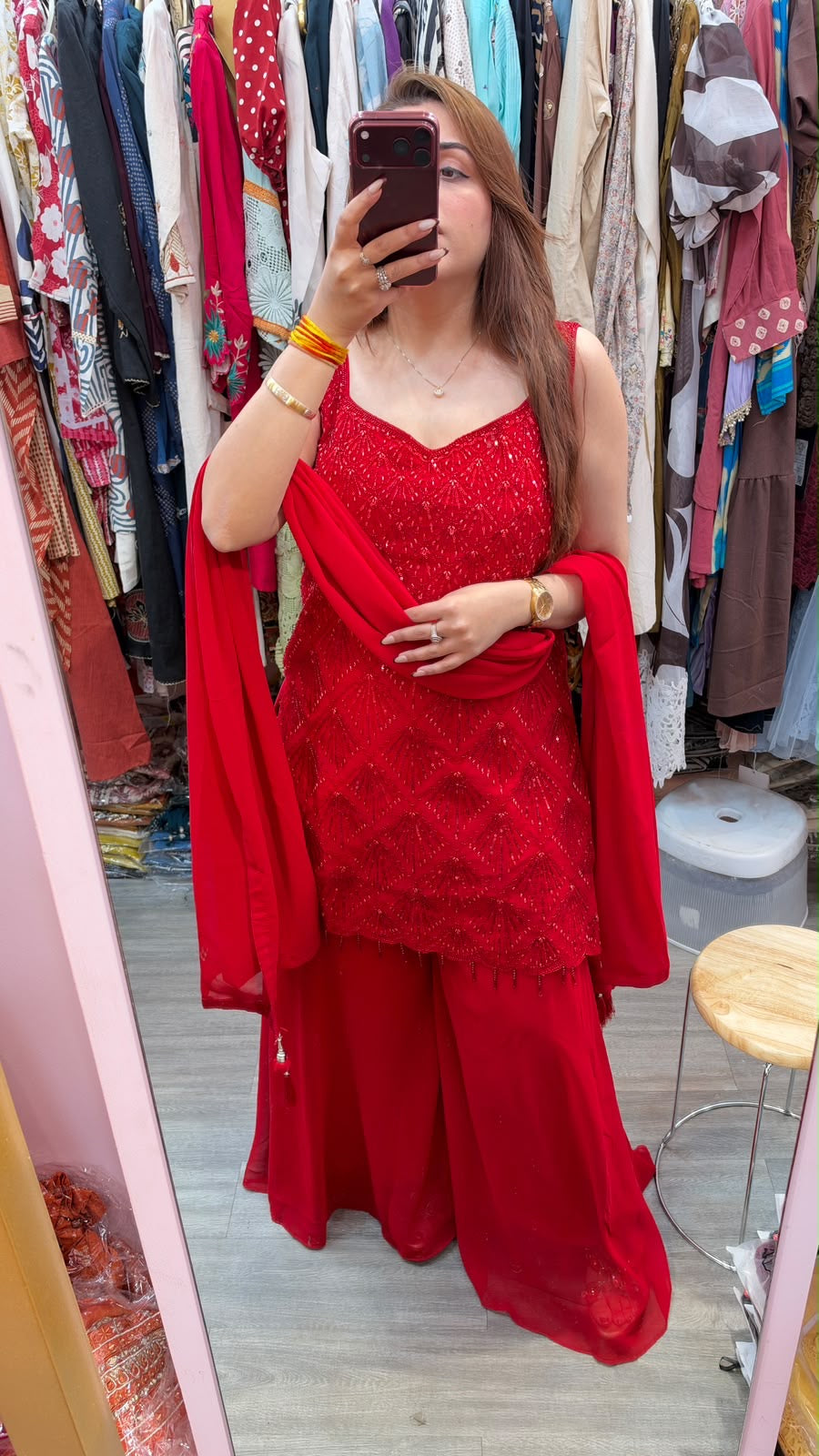 Red Embroidered Sharara Suit with Sleeveless Kurti and Dupatta