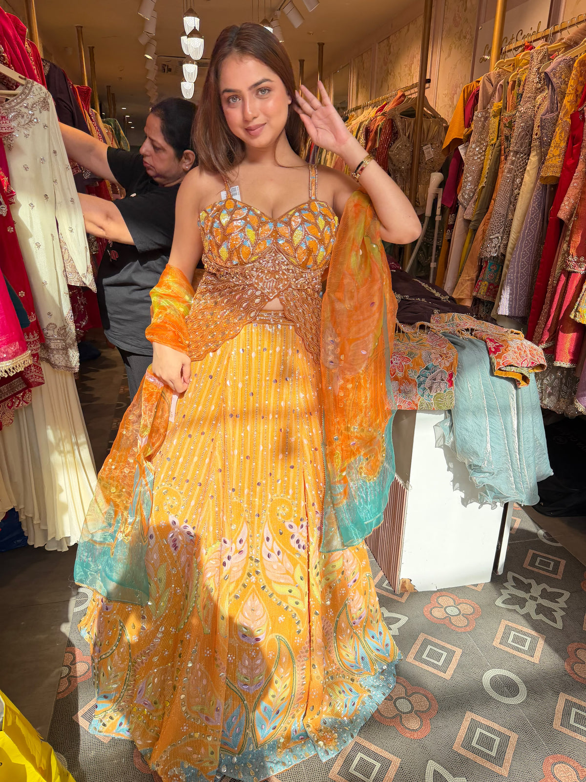 Sunshine Yellow & Turquoise Blue Embroidered Lehenga Choli with Dupatta