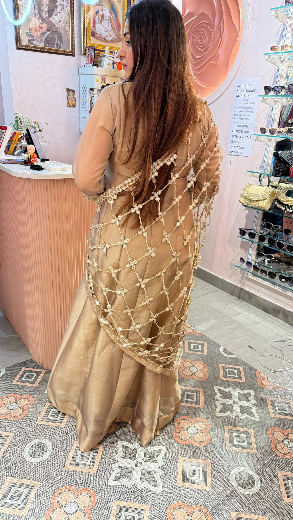 Champagne Gold Anarkali Gown with Heavy Pearl & Mirror Embroidery