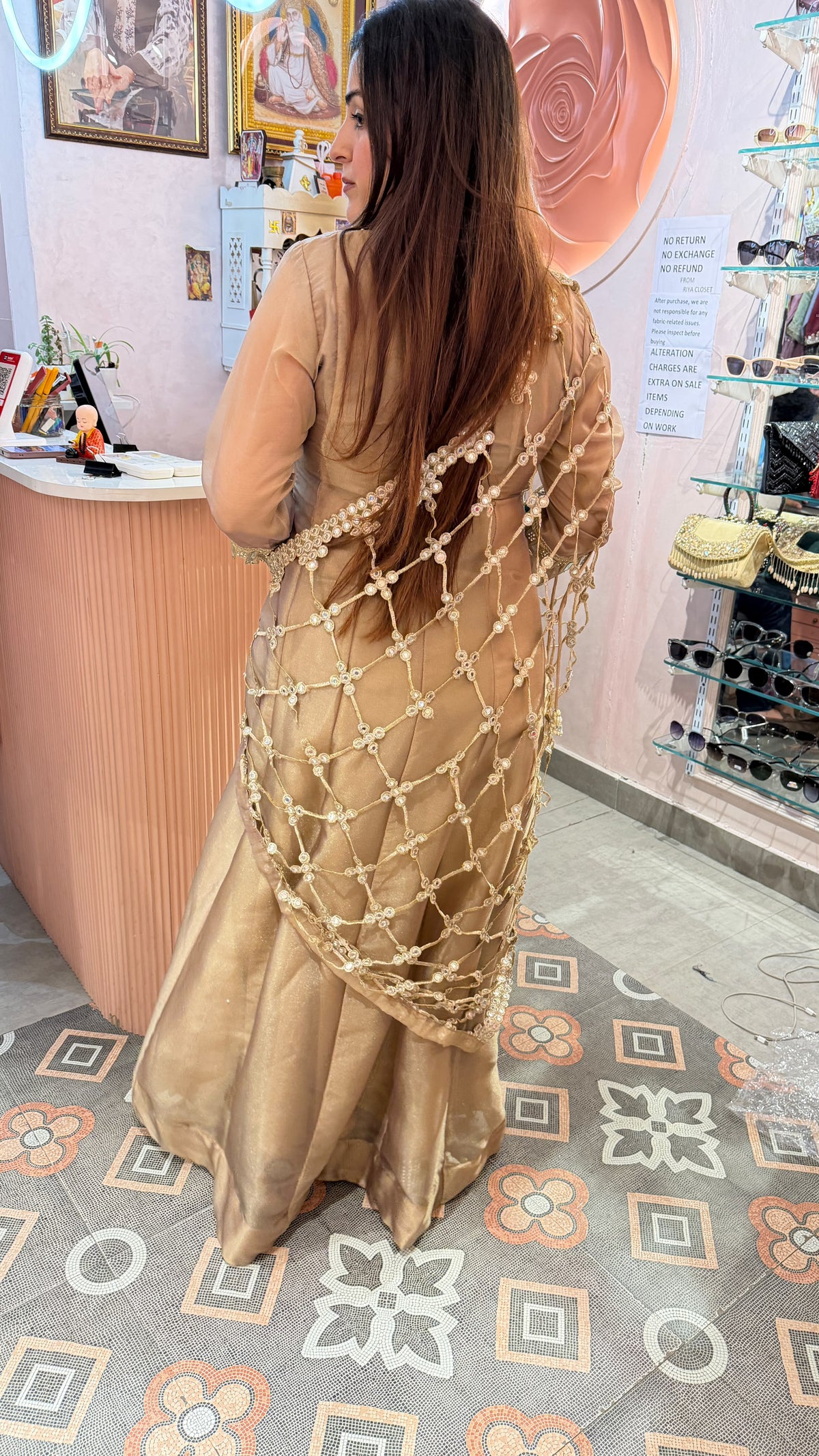 Champagne Gold Anarkali Gown with Heavy Pearl & Mirror Embroidery