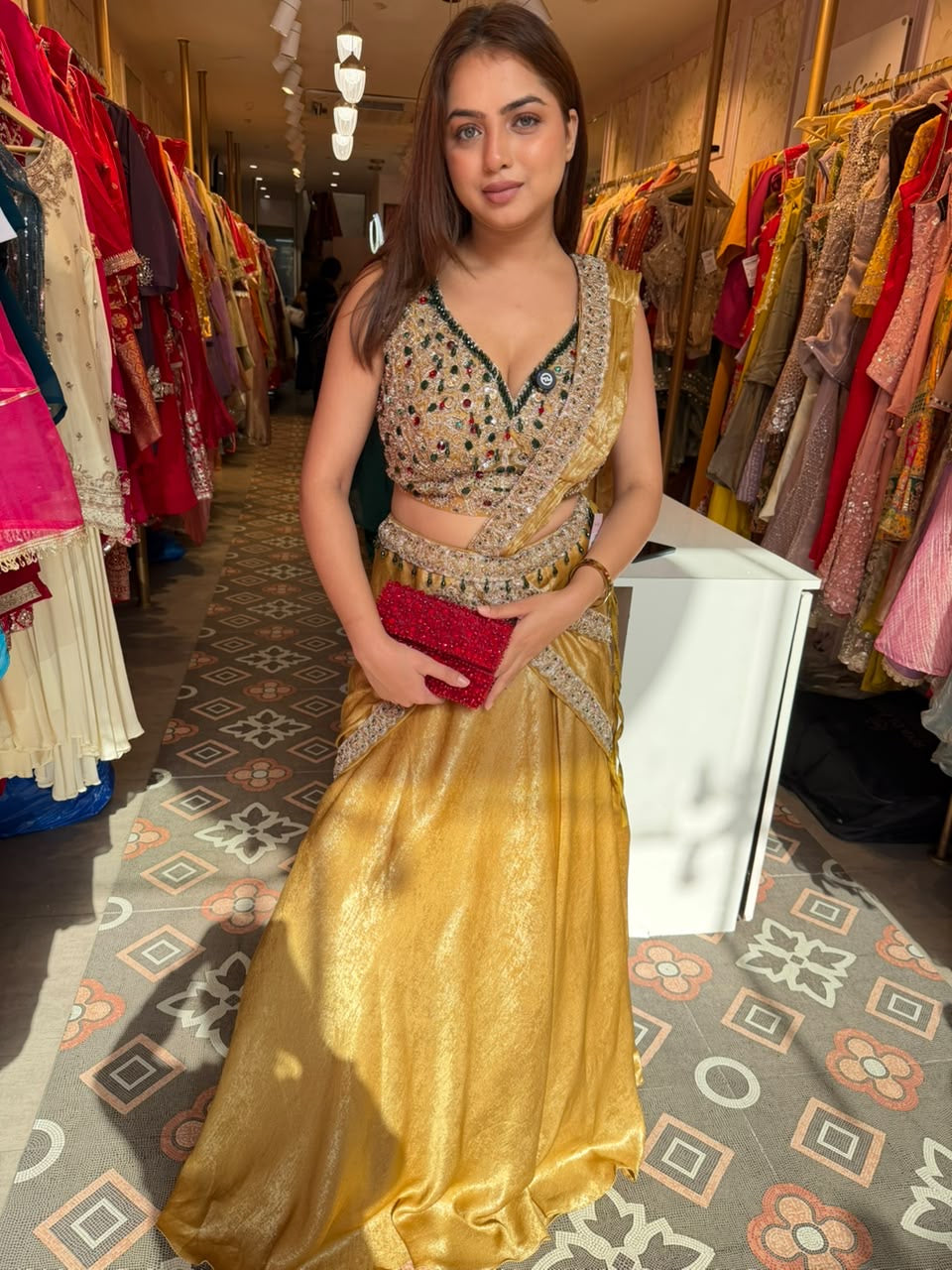 Designer Golden Lehenga with Embellished Crop Blouse and Draped Dupatta