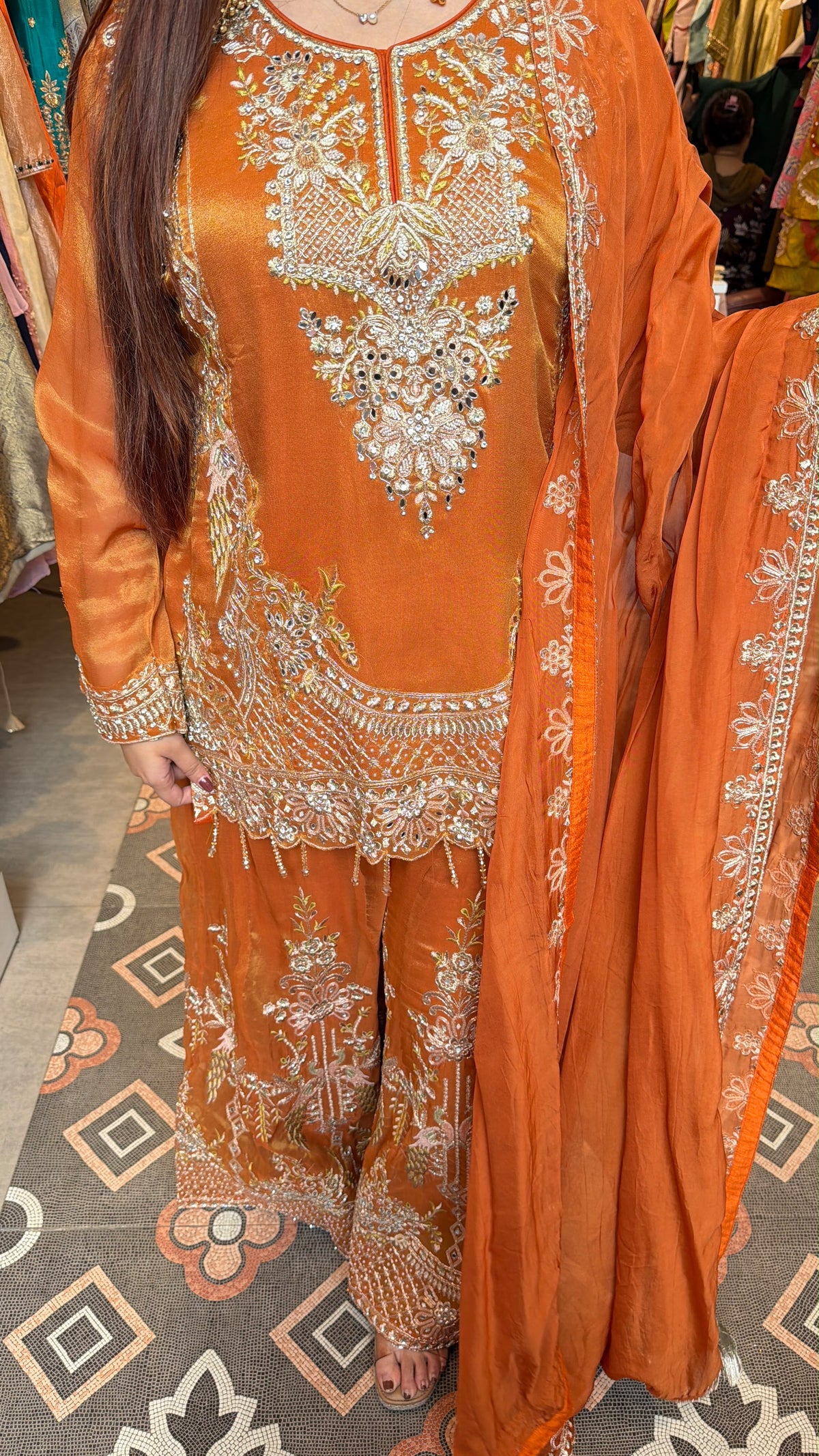 Rust Orange Embroidered Straight-Cut Suit with Palazzo Pants & Dupatta