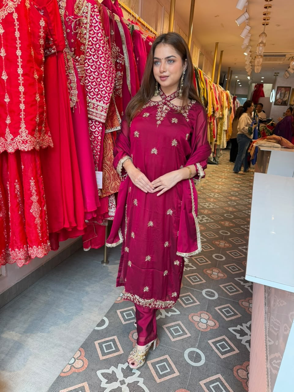 Wine Magenta Embroidered Straight-Cut Suit Set