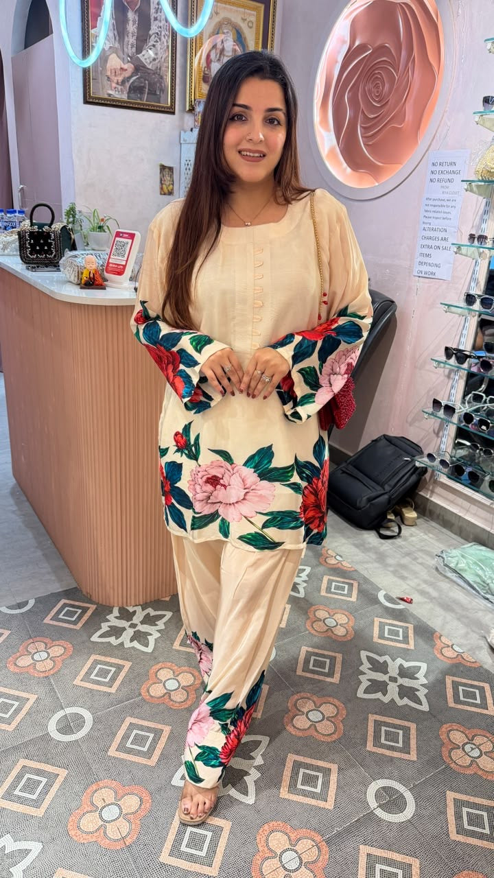 Ivory Floral Printed Kurta with Palazzo Pants