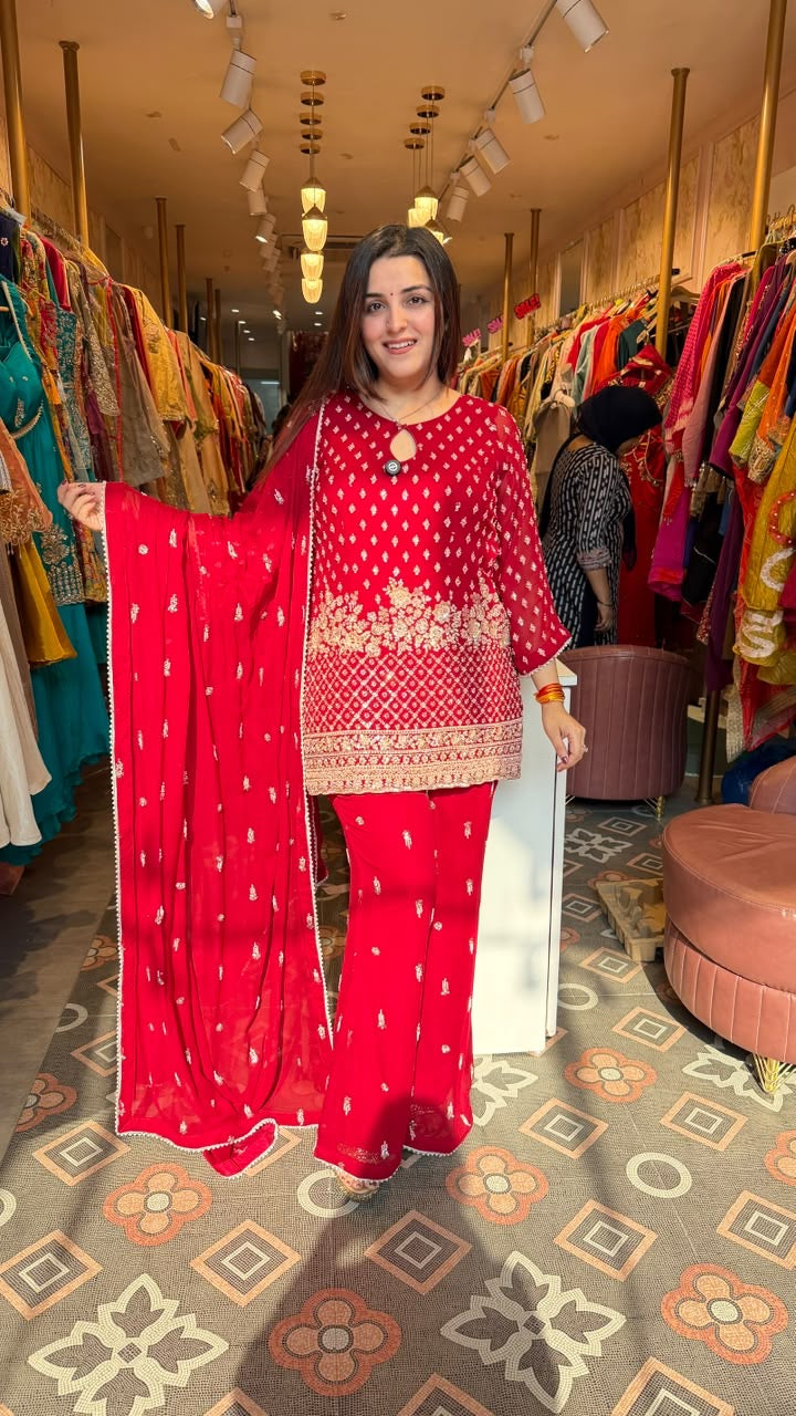 Red Chikankari-Style Embroidered Kurta with Palazzo Pants & Dupatta Set