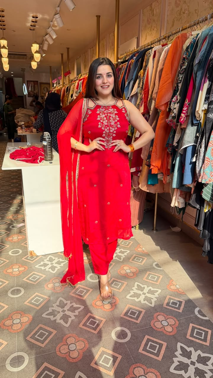 Bright Red Embroidered Straight-Cut Suit