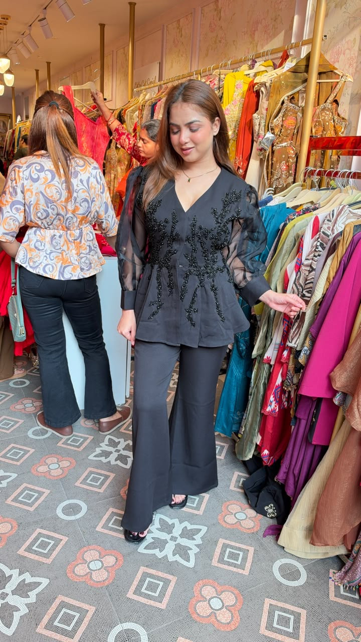 Black Embellished Peplum Top with Flared Pants Co-ord Set