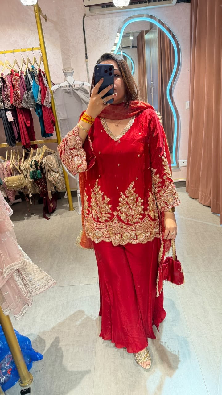 Red Embroidered Straight Kurta with Palazzo Pants & Dupatta Set