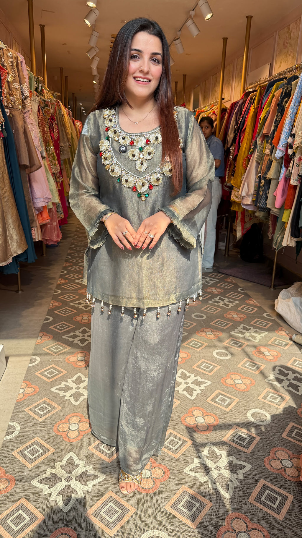 Silk Blend Peplum Kurta with Palazzo Pants Set