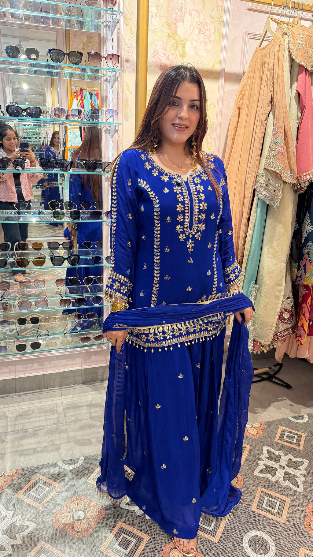 Royal Blue Embroidered Sharara Suit Set with Dupatta