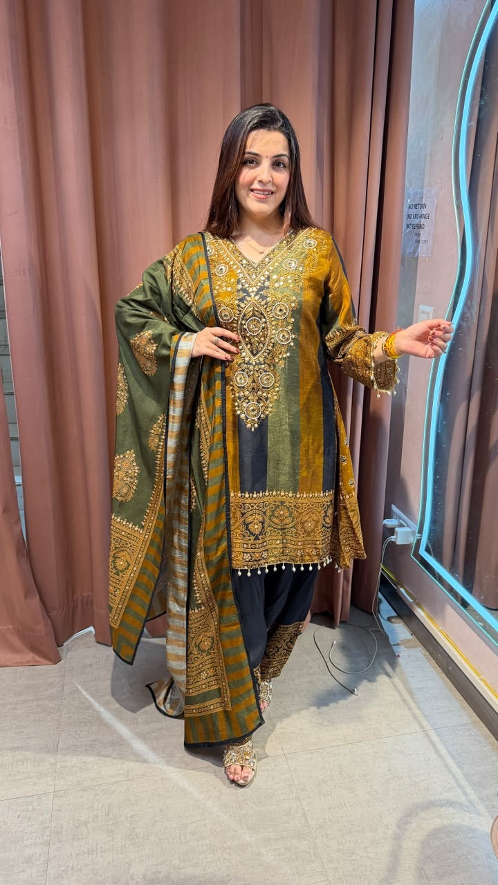 Olive Green & Mustard Pakistani-Style Embroidered 3-Piece Suit