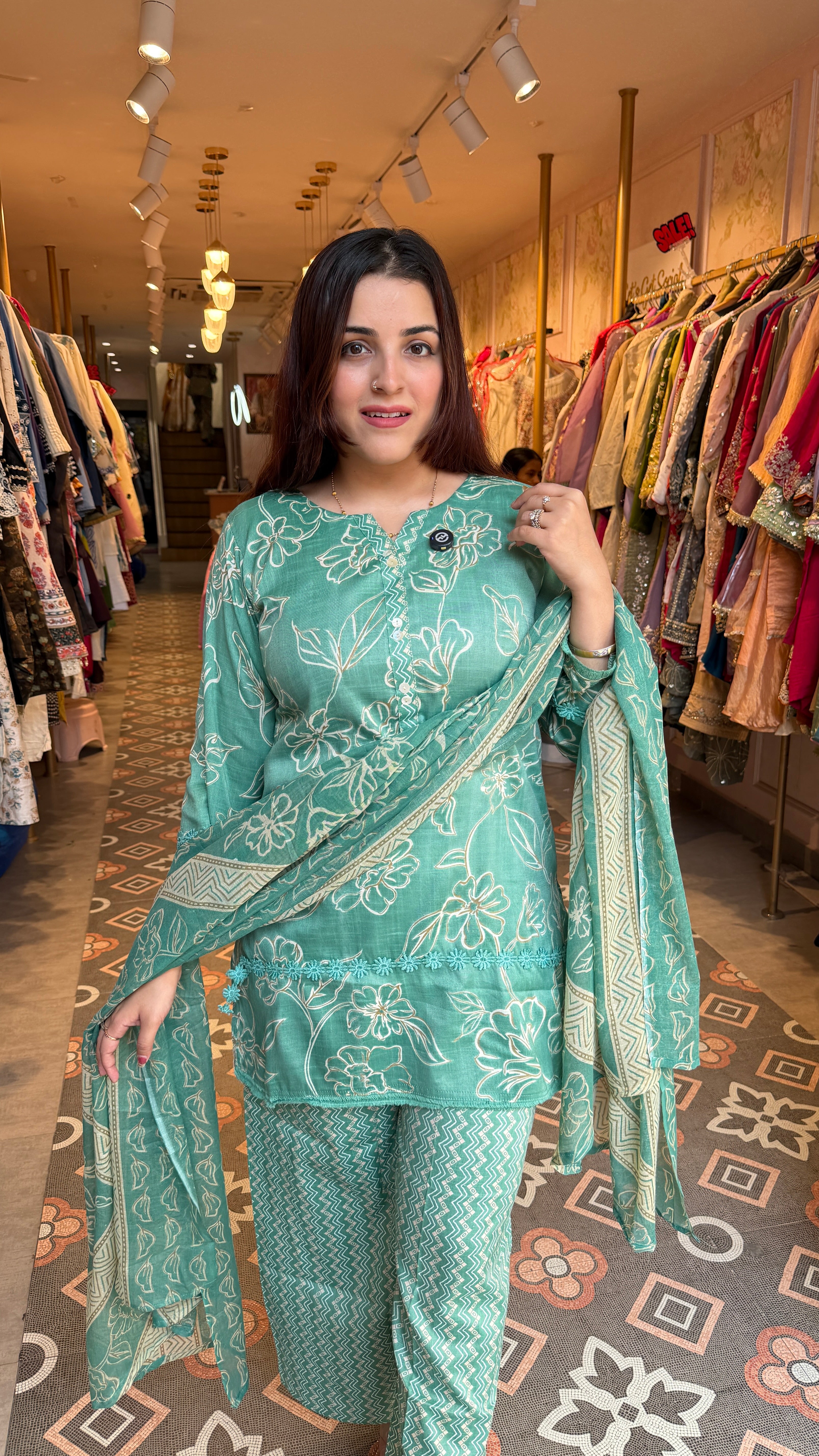 Sea Green Floral Printed Suit Set with Dupatta