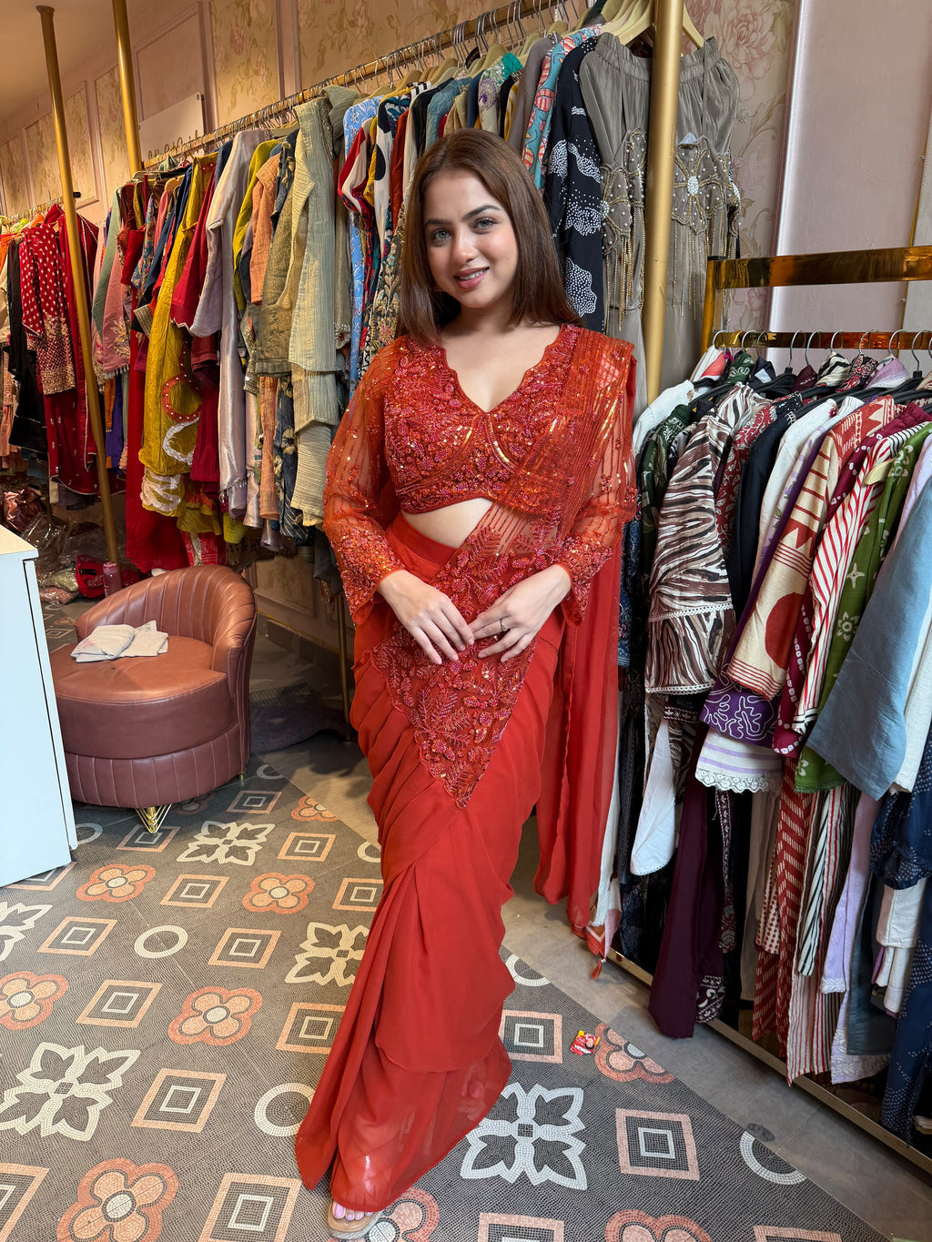 Fuchsia Pink Pre-Draped Saree with Embroidered Blouse