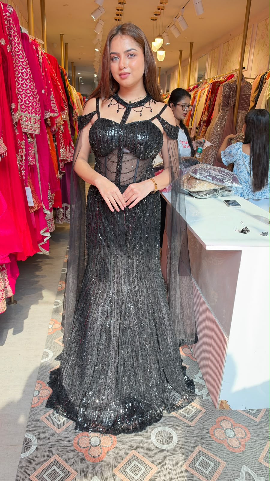 Sequin Glamour Gown with Sheer Corset Bodice