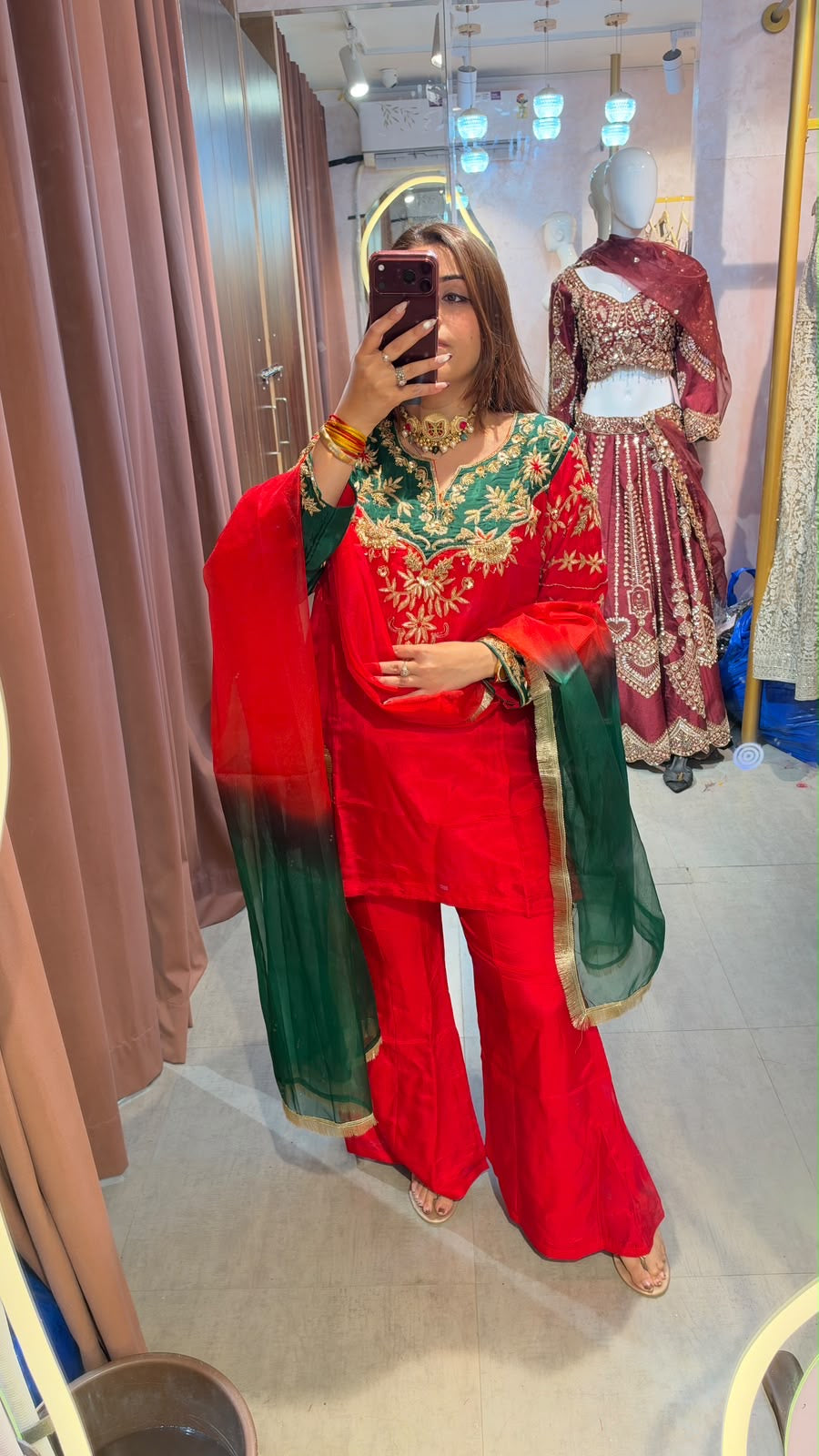 Red and Bottle Green Embroidered Punjabi Suit with Contrast Dupatta