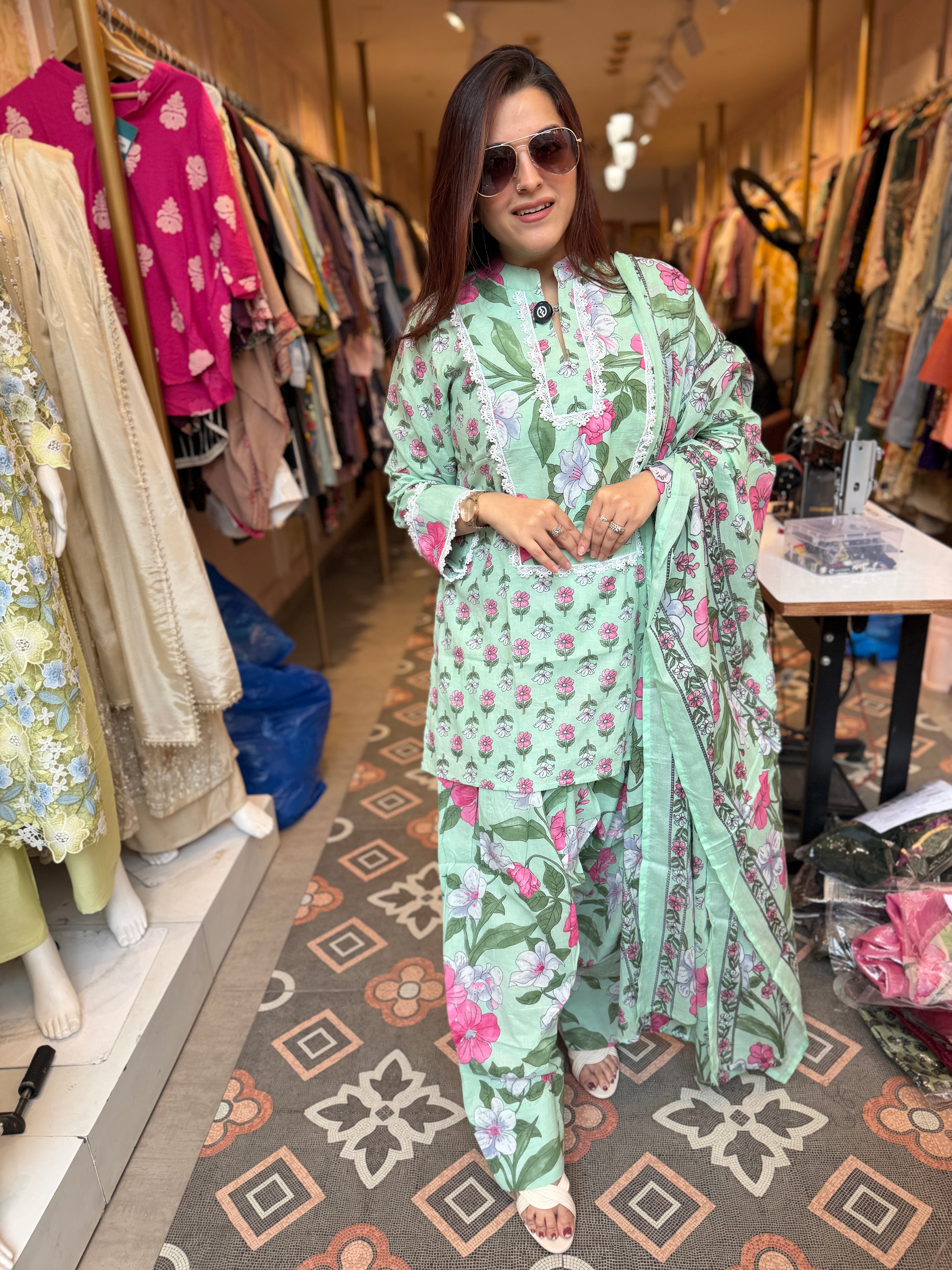Mint Blossom Printed Lawn Suit with Chiffon Dupatta
