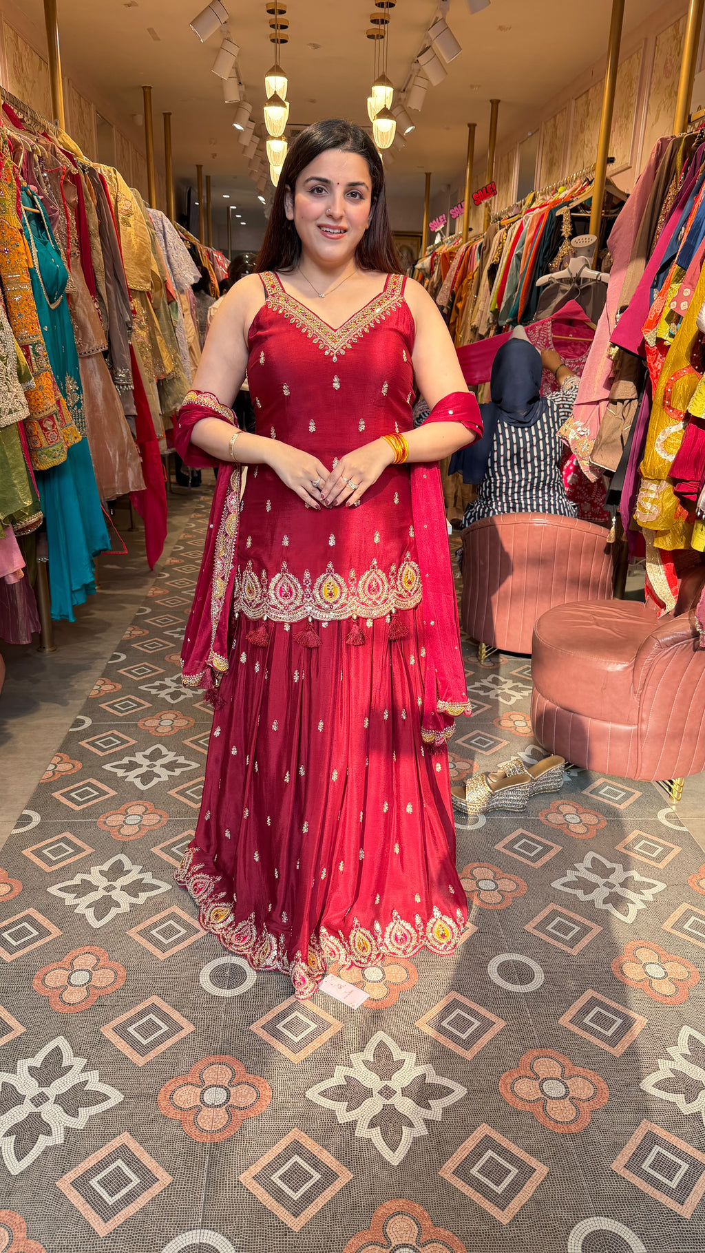 Red Embroidered Peplum Sharara Set / Short Kurta Sharara Set