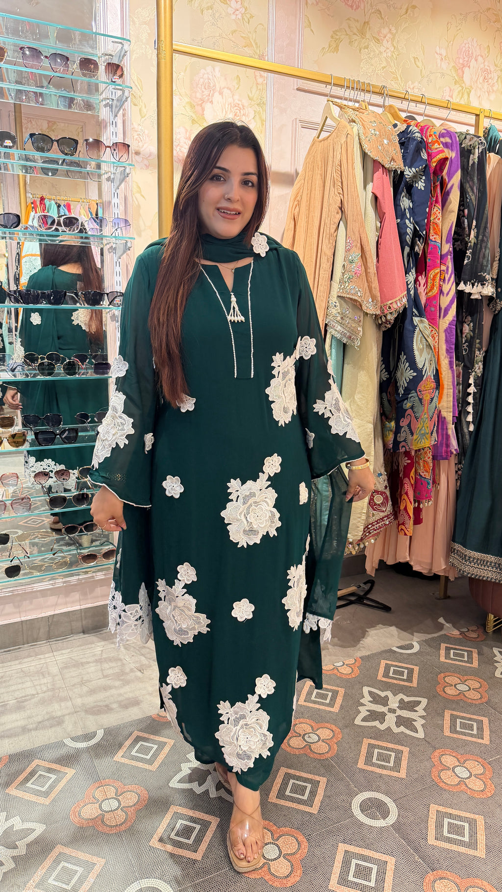 Emerald Green Floral Appliqué Kurta Set with Dupatta