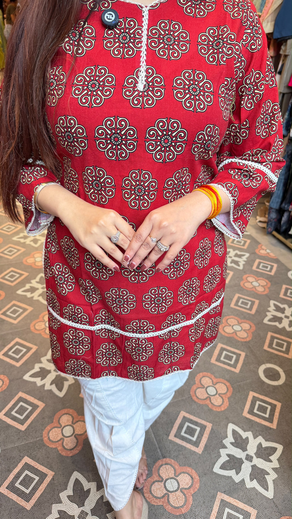 Maroon Printed Straight Kurta with White Pants