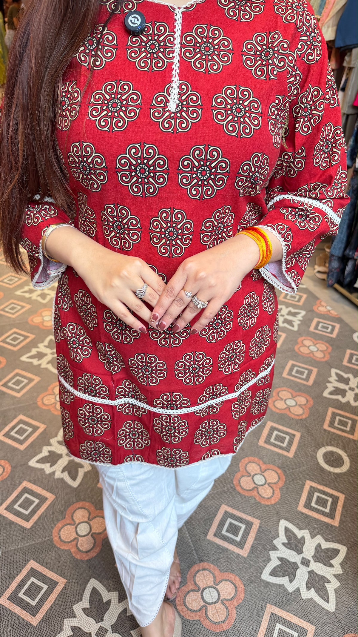 Maroon Printed Straight Kurta with White Pants
