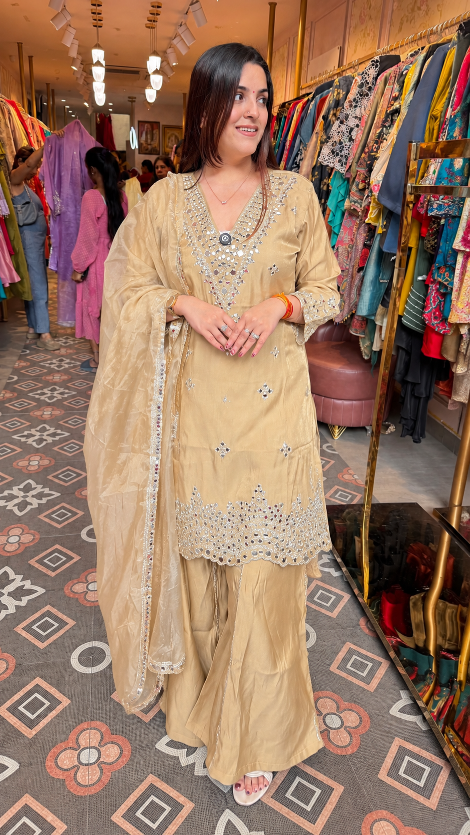 Chikankari-Style Kurta with Palazzo Pants & Dupatta Set