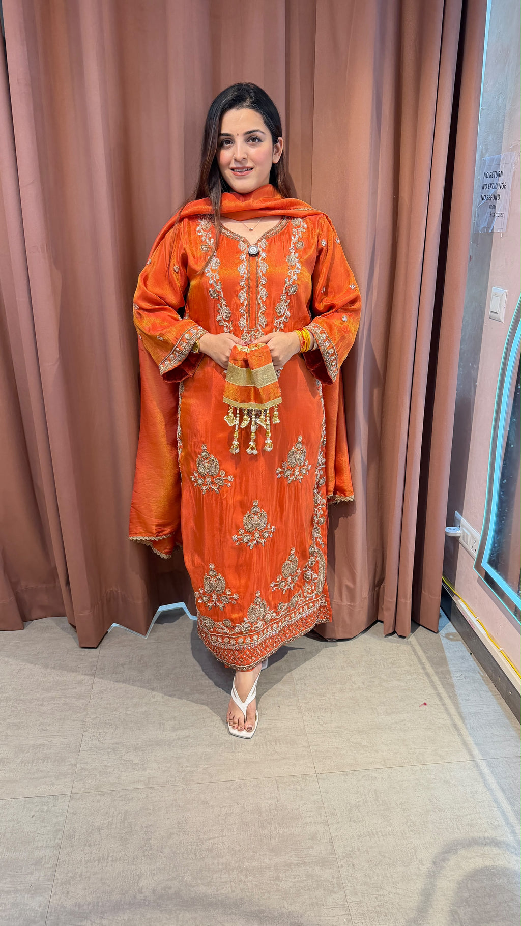Orange Straight-Cut Embroidered Kurta Set with Dupatta